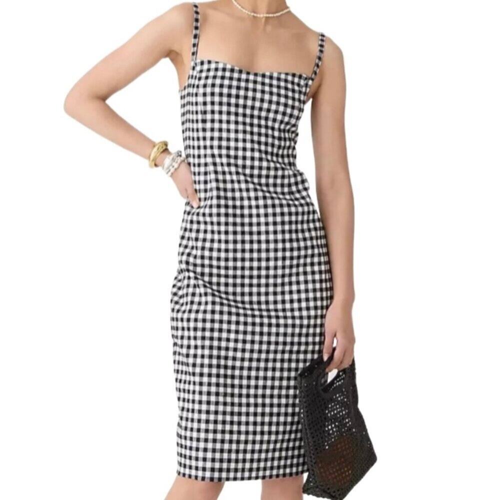 J Crew Sweetheart Gingham Sheath Dress Women's 2 Black White Linen Blend